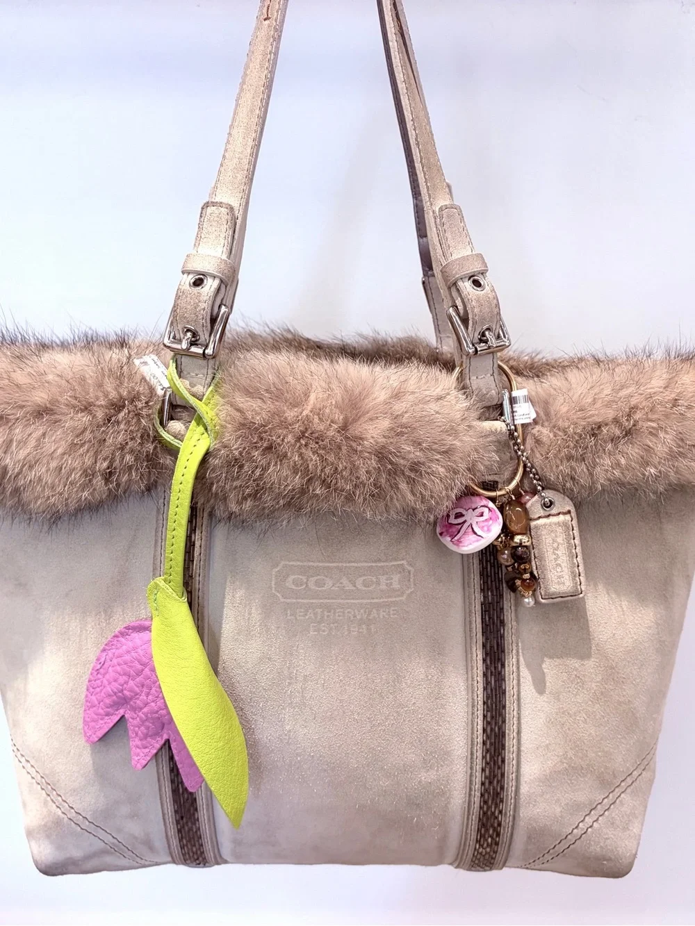 RARE Fox Fur Coach Beige Suede Fur-Trim Shoulder Bag with Pink & Lime Charm